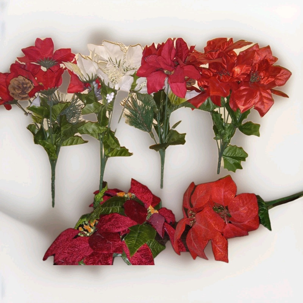 Vintage Artificial Christmas POINSETTIA Plants Bouquet Set Of 5 And Candle Ring